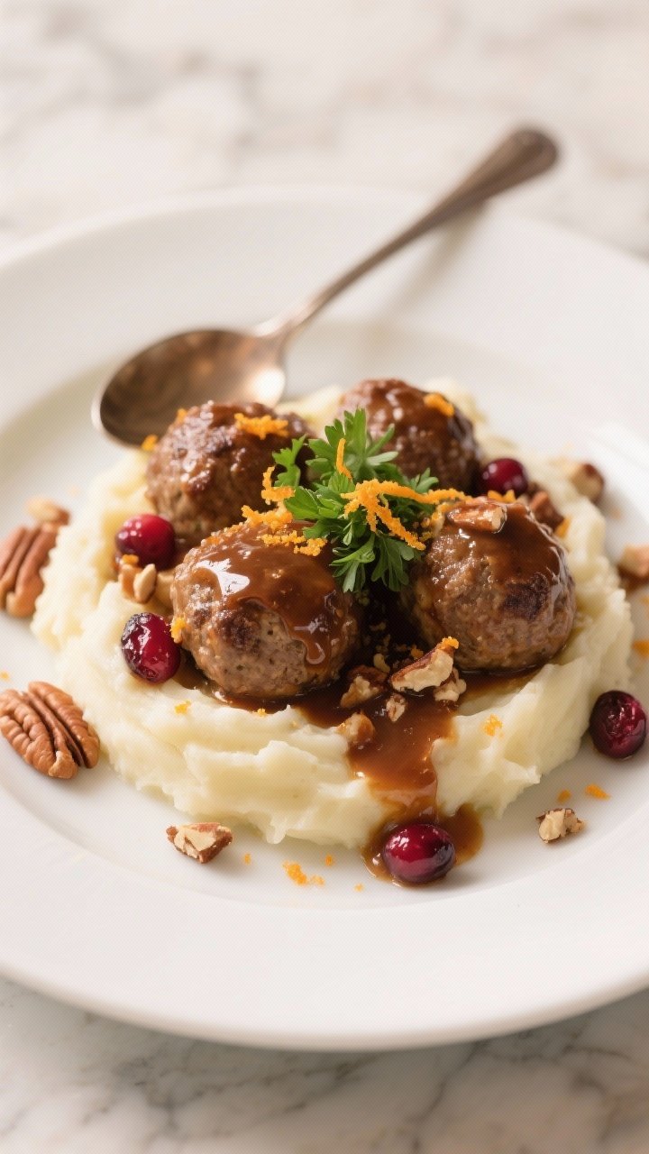 Final dish presentation: Restaurant-quality plating of turkey & cranberry meatballs over creamy mash
