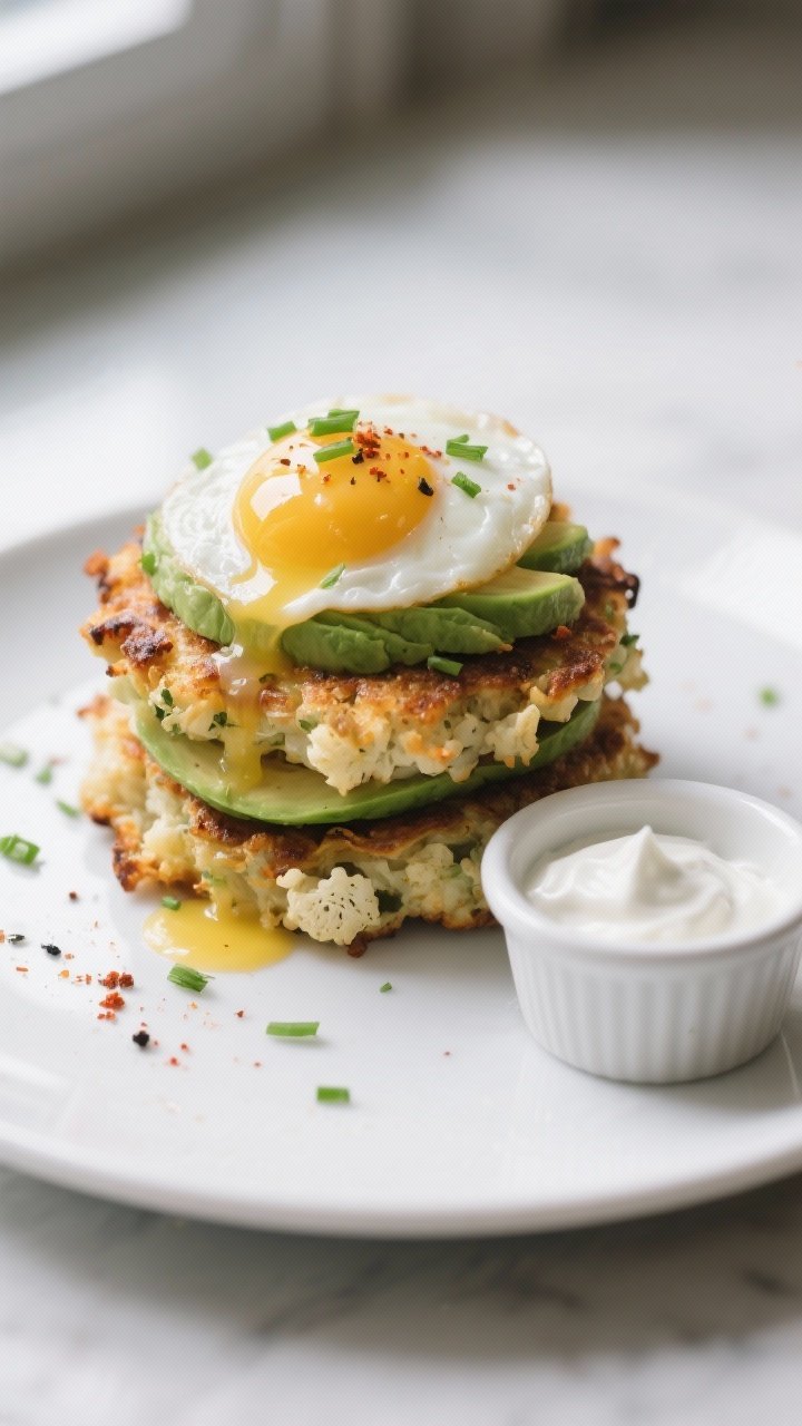 Final dish presentation: Restaurant-quality plating of cauliflower hash brown patties layered with s