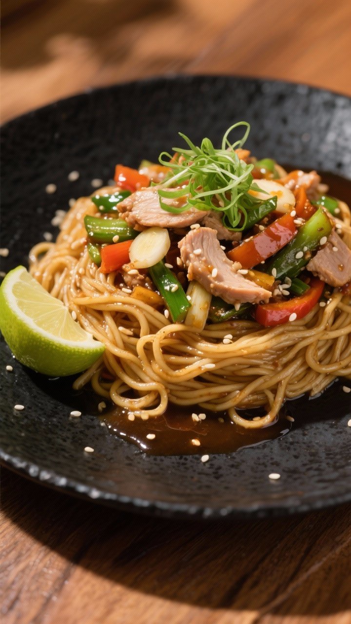 Final dish presentation: Restaurant-quality plating of Turkey & Veggie Stir-Fry over garlicky noodle