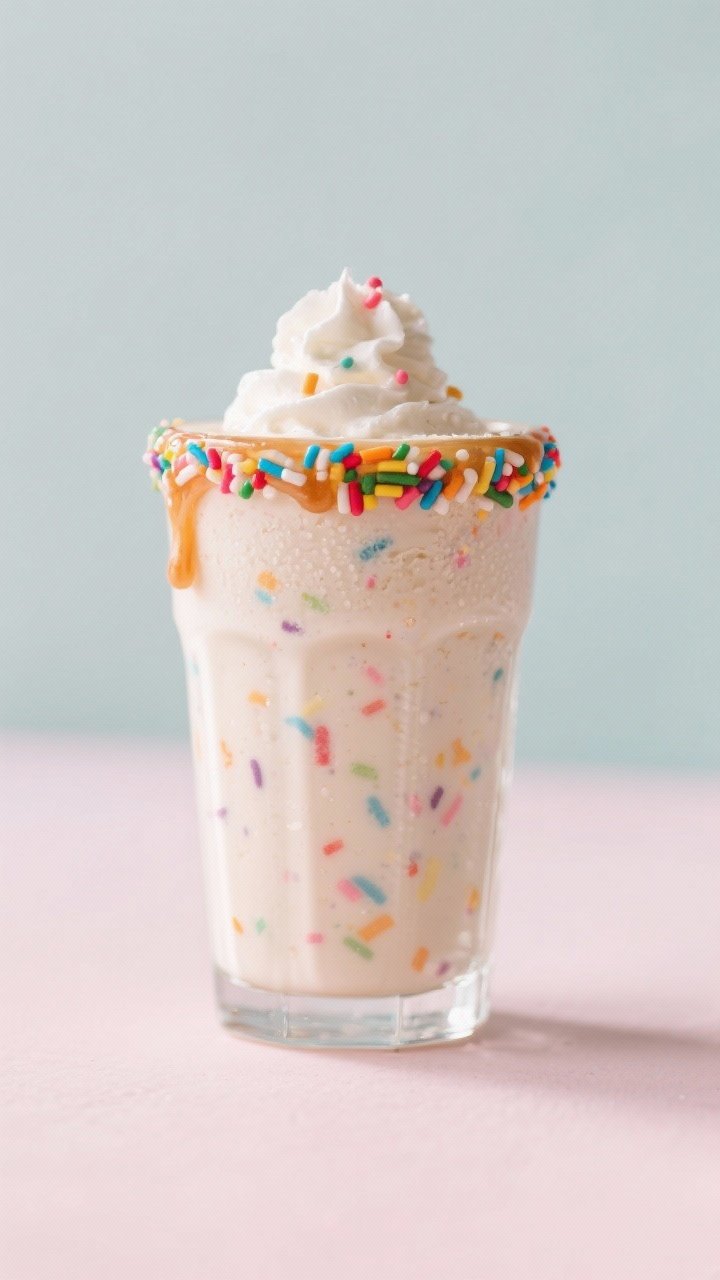 Final dish presentation: Restaurant-quality portrait of the Funfetti Smoothie poured into a tall, cl