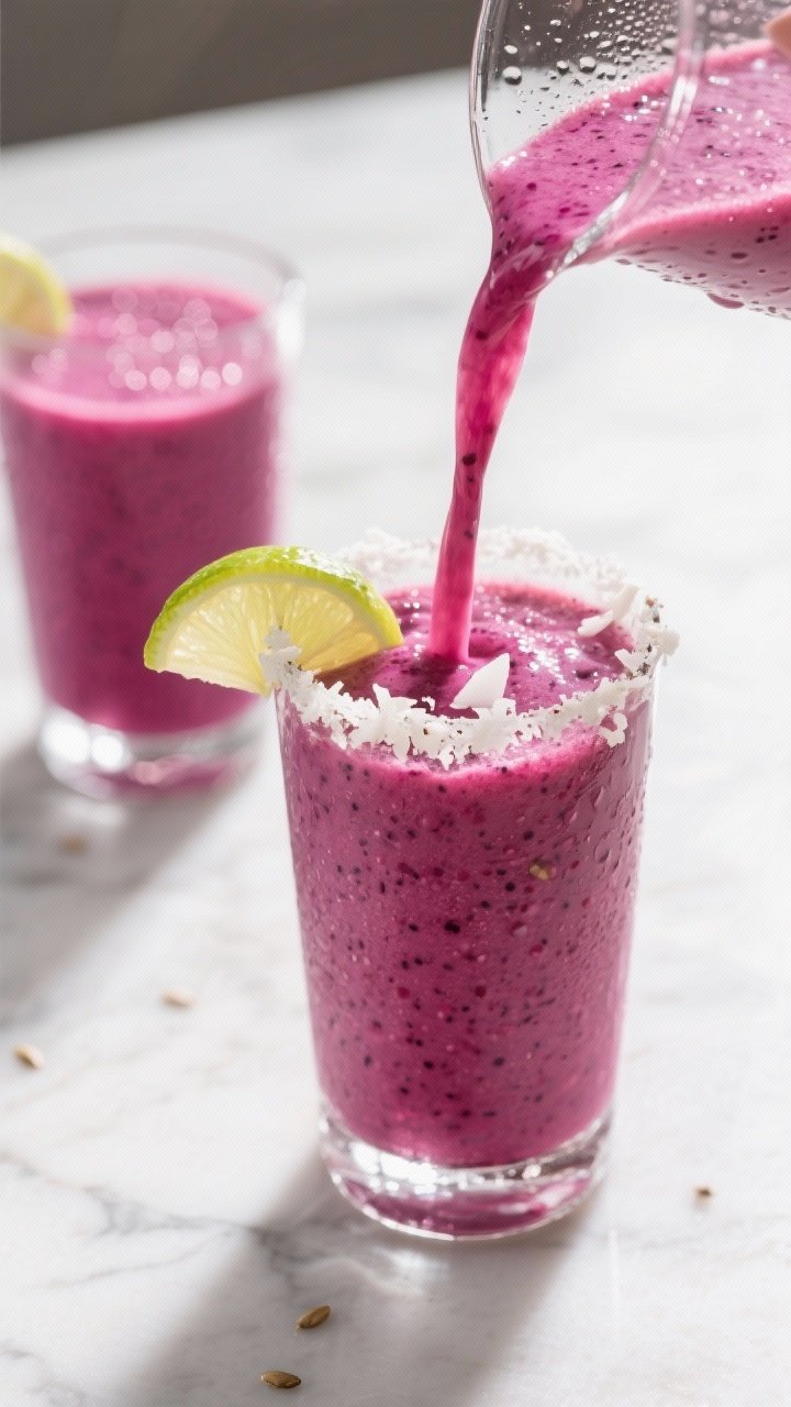 Final dish presentation: Restaurant-quality pour scene of the finished magenta smoothie flowing into