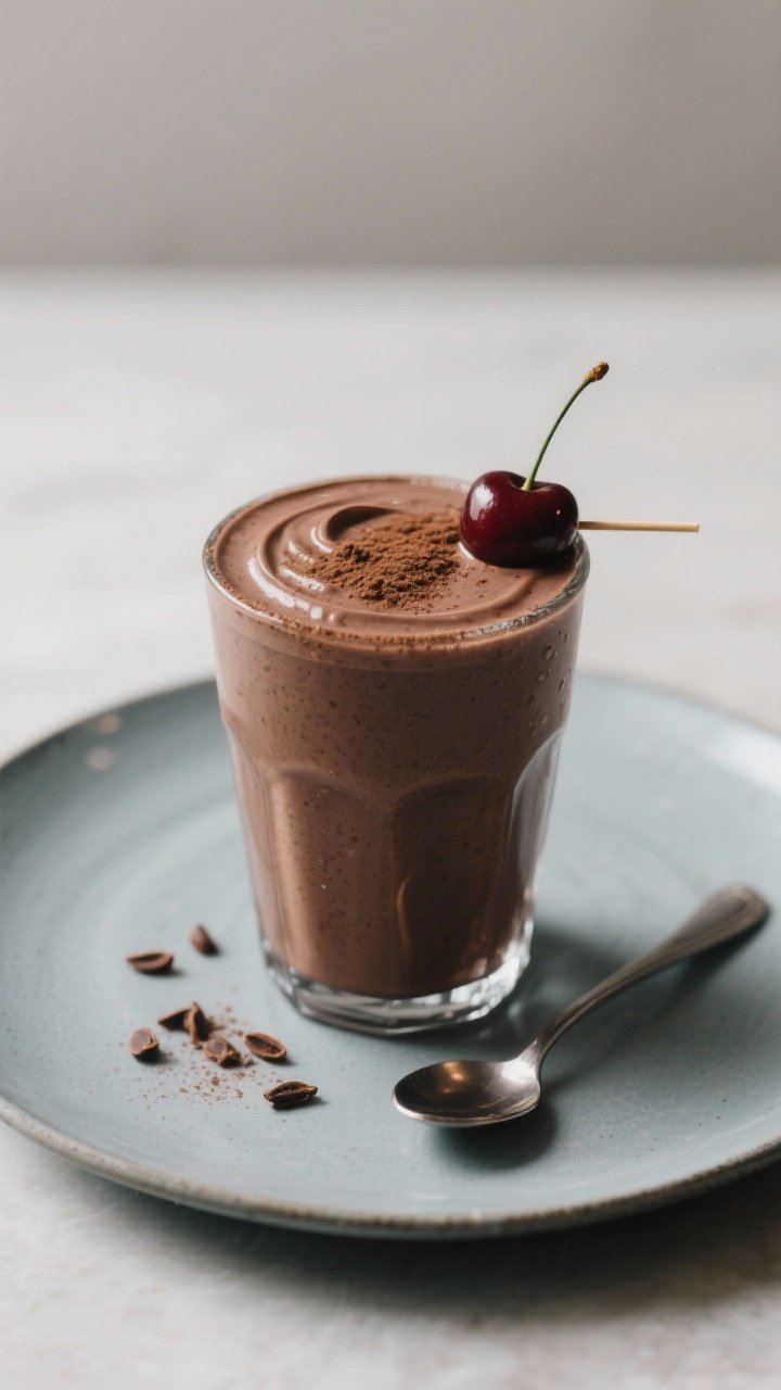 Final dish presentation: Restaurant-quality single-serve Chocolate Cherry Smoothie in a tall glass w