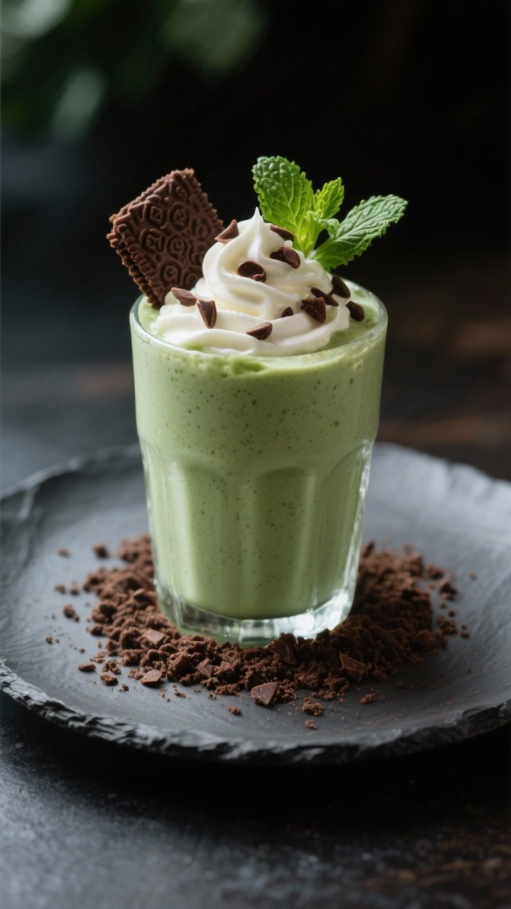 Final dish presentation: Restaurant-quality Thin Mint Smoothie served thick like a shake in a froste