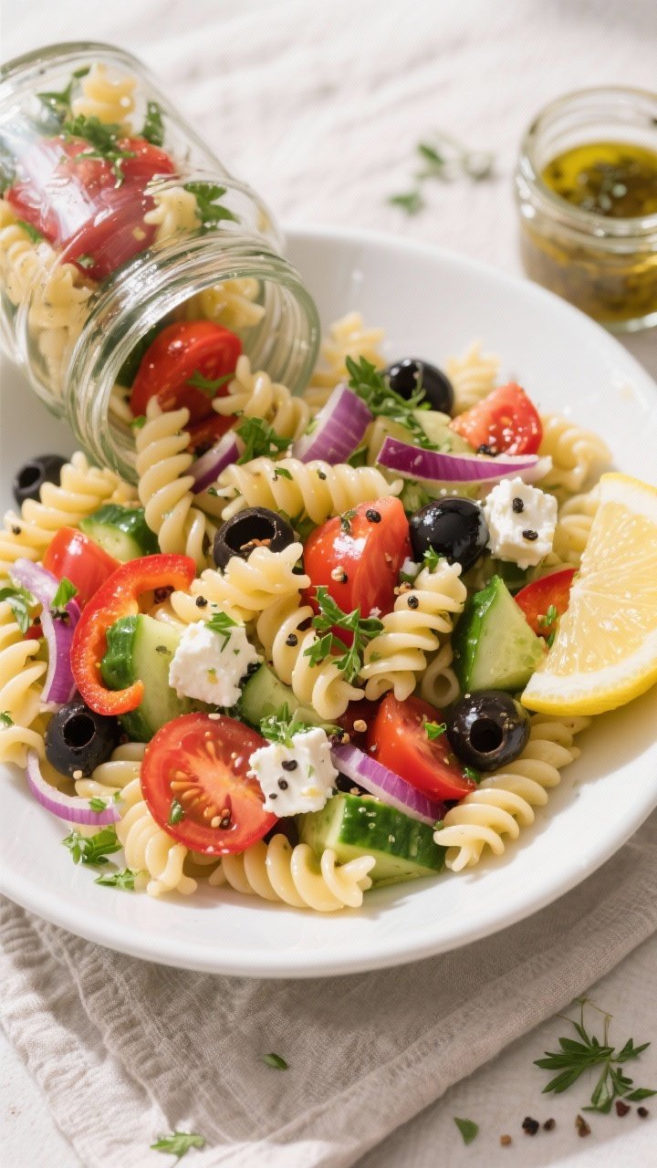 Final dish presentation: Tasty top-down shot of a finished Pasta Salad Jar poured into a shallow whi
