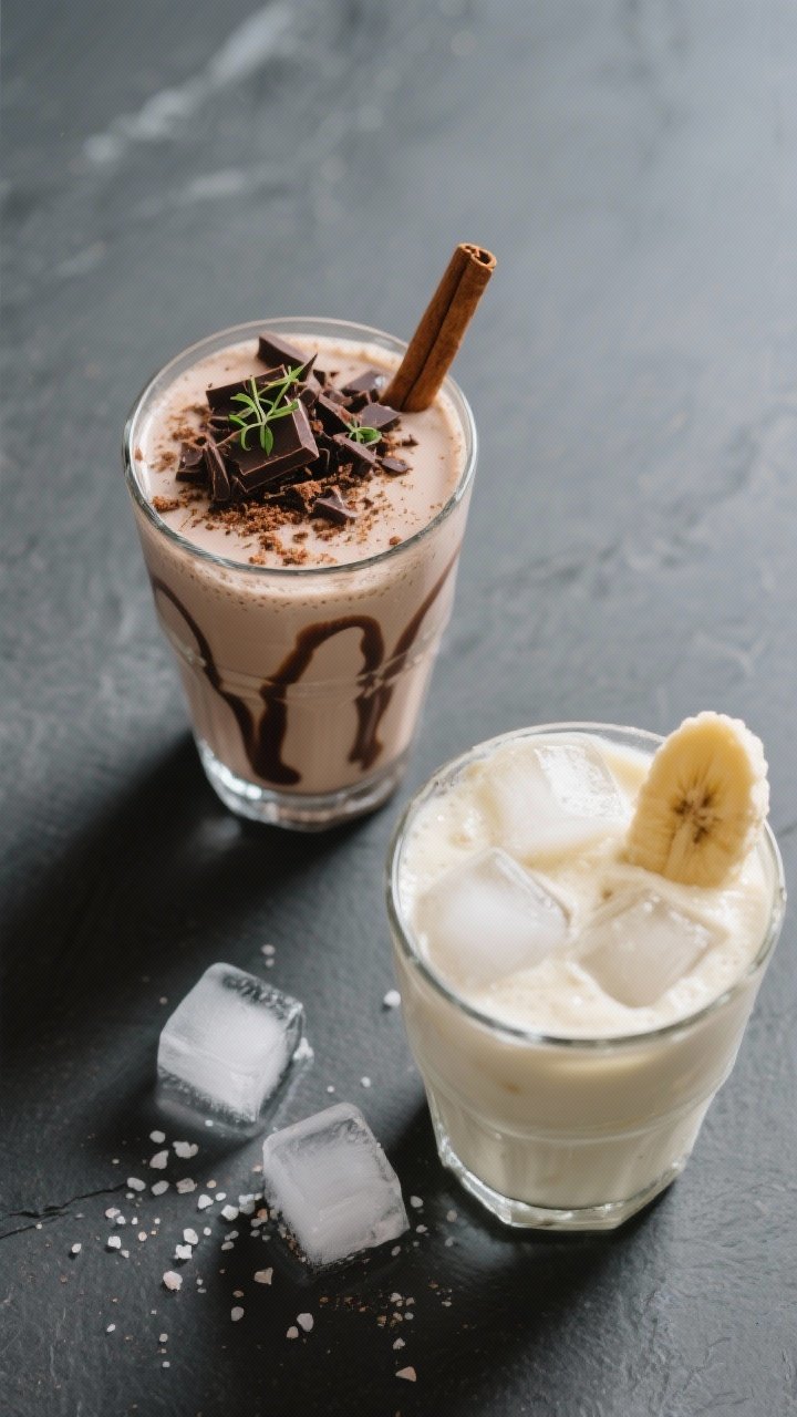 Final dish presentation: Tasty top view of a chilled version served in a clear glass, thick and milk