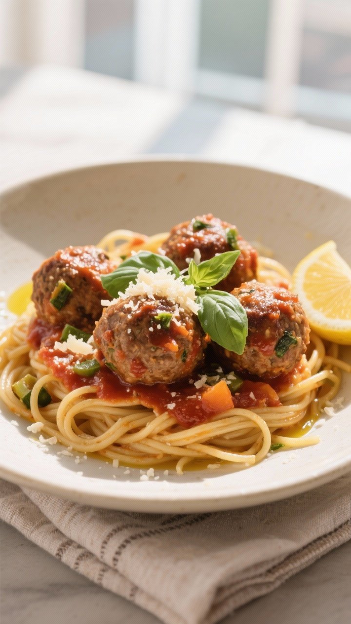 Final dish presentation: Turkey & veggie meatballs nestled in a shallow bowl of warm marinara, finis