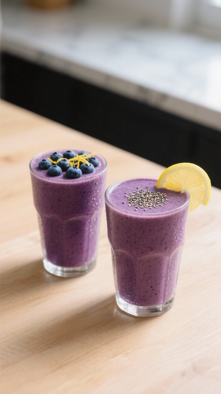 Final dish presentation: Two Lemon Blueberry Smoothies styled for serving—one classic and one “p