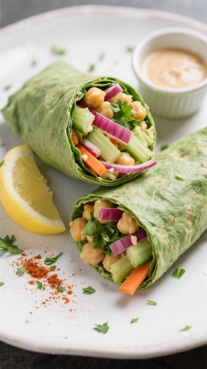 Final dish presentation: Two spinach-wrap chickpea salad wraps, sliced on the bias to reveal the col