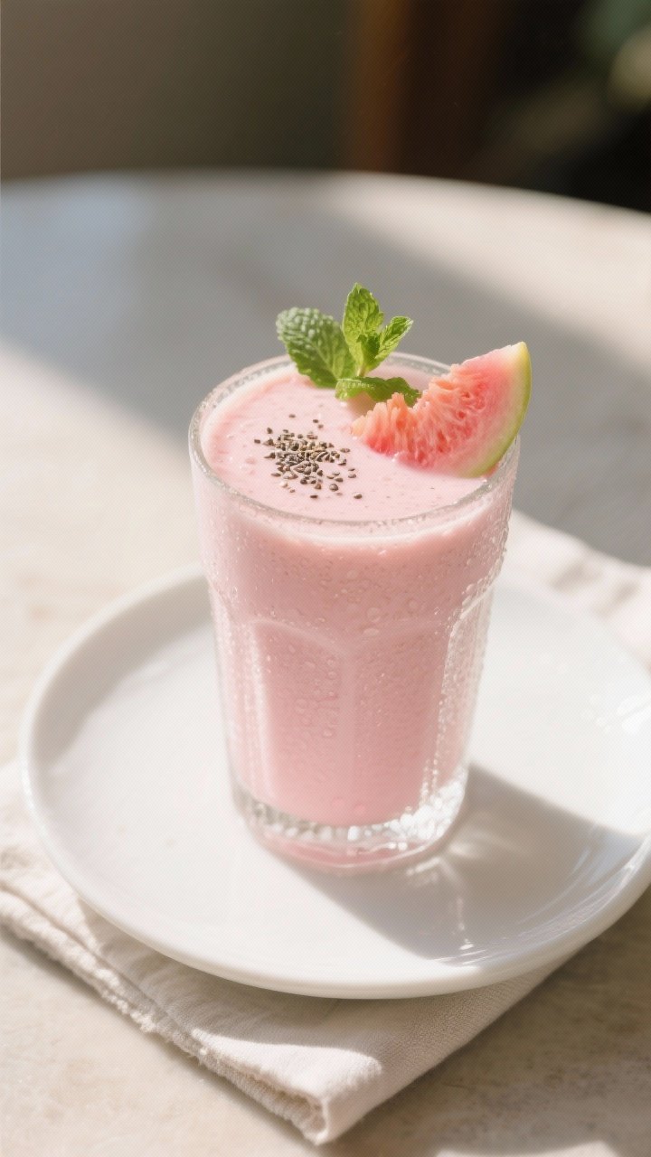 Final dish: Restaurant-quality presentation of a Guava Yogurt Smoothie in a clear, frosty highball g
