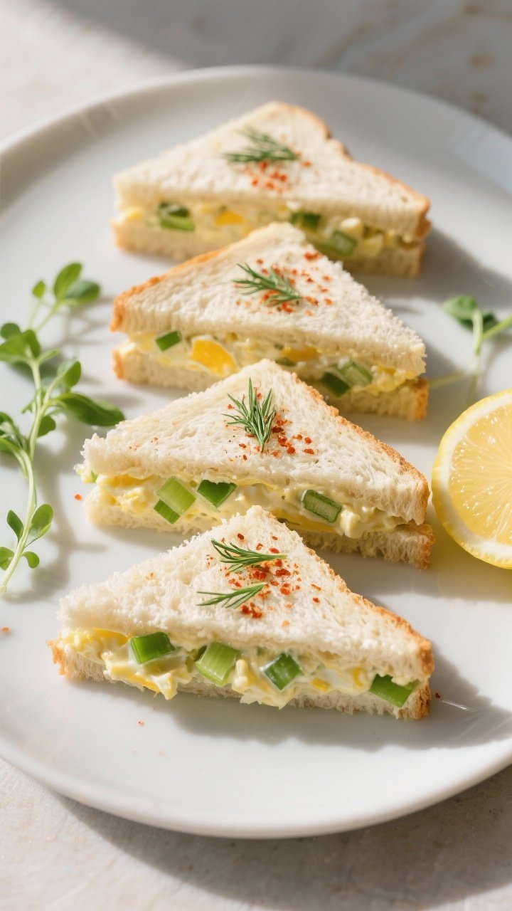 Final dish, tasty top view: Overhead shot of perfectly cut crustless egg salad sandwich triangles ar