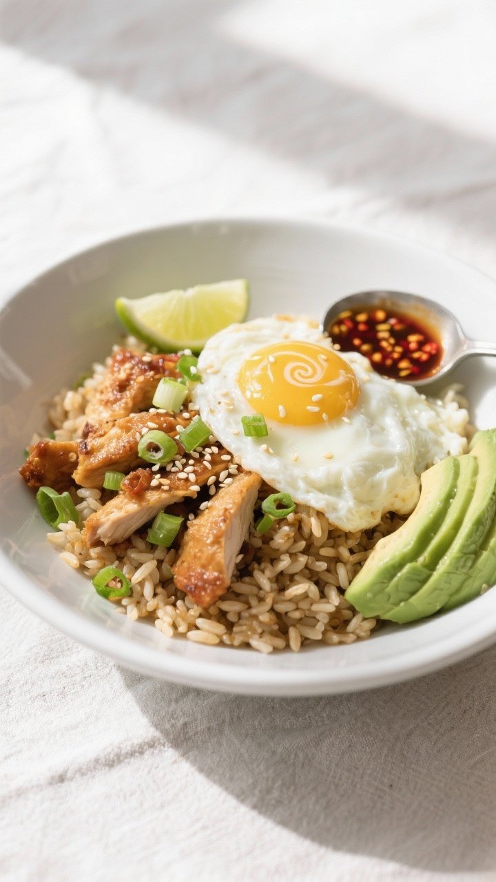 Final dish top view: Finished chicken-and-crispy-rice breakfast bowl topped with creamy soft-scrambl