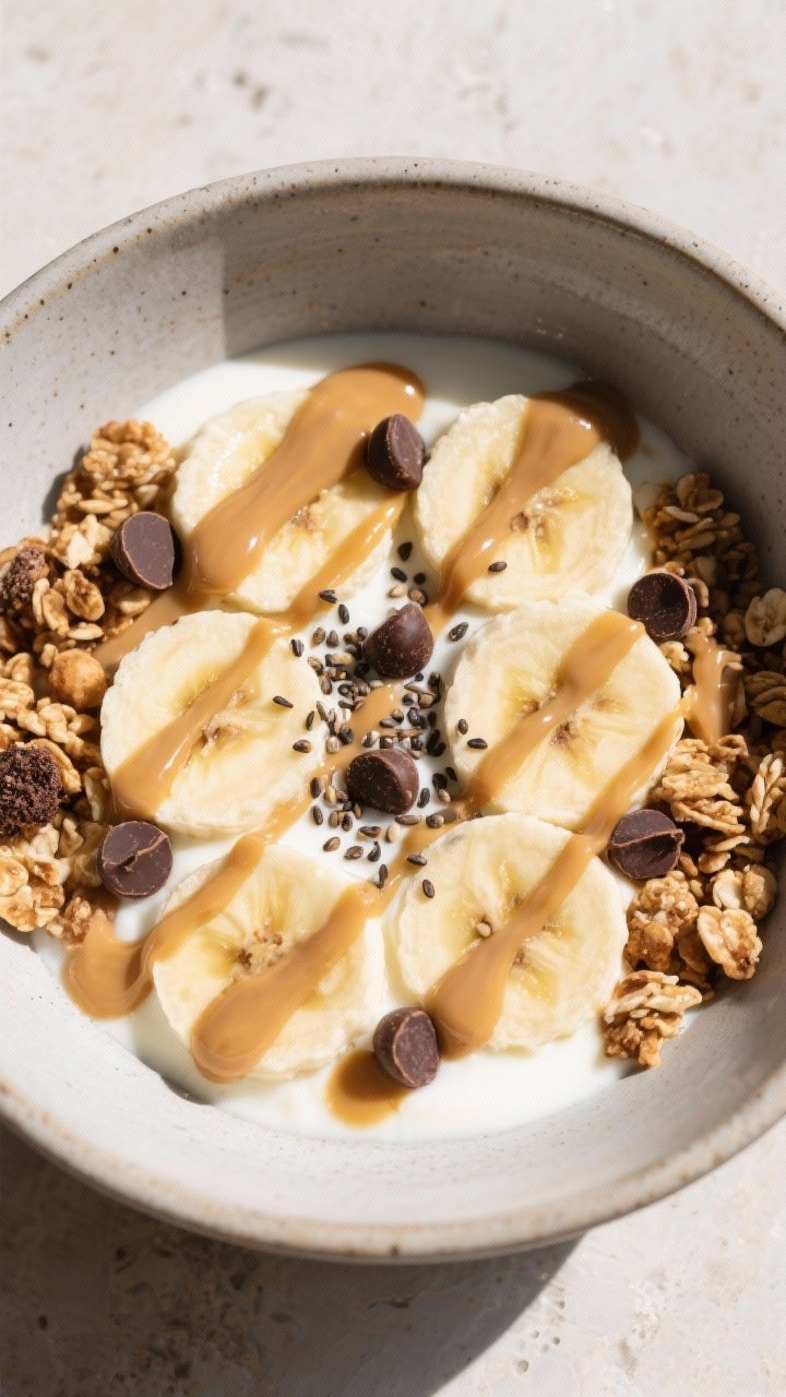 Final dish top view: Finished Peanut Butter Banana Yogurt Bowl, overhead shot showing symmetrical ba