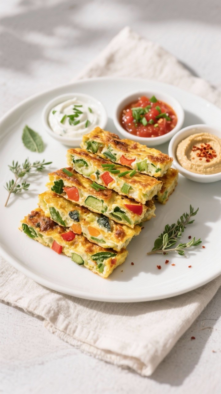 Final dish, top view: Overhead, restaurant-quality presentation of Veggie-Packed Frittata Fingers ar