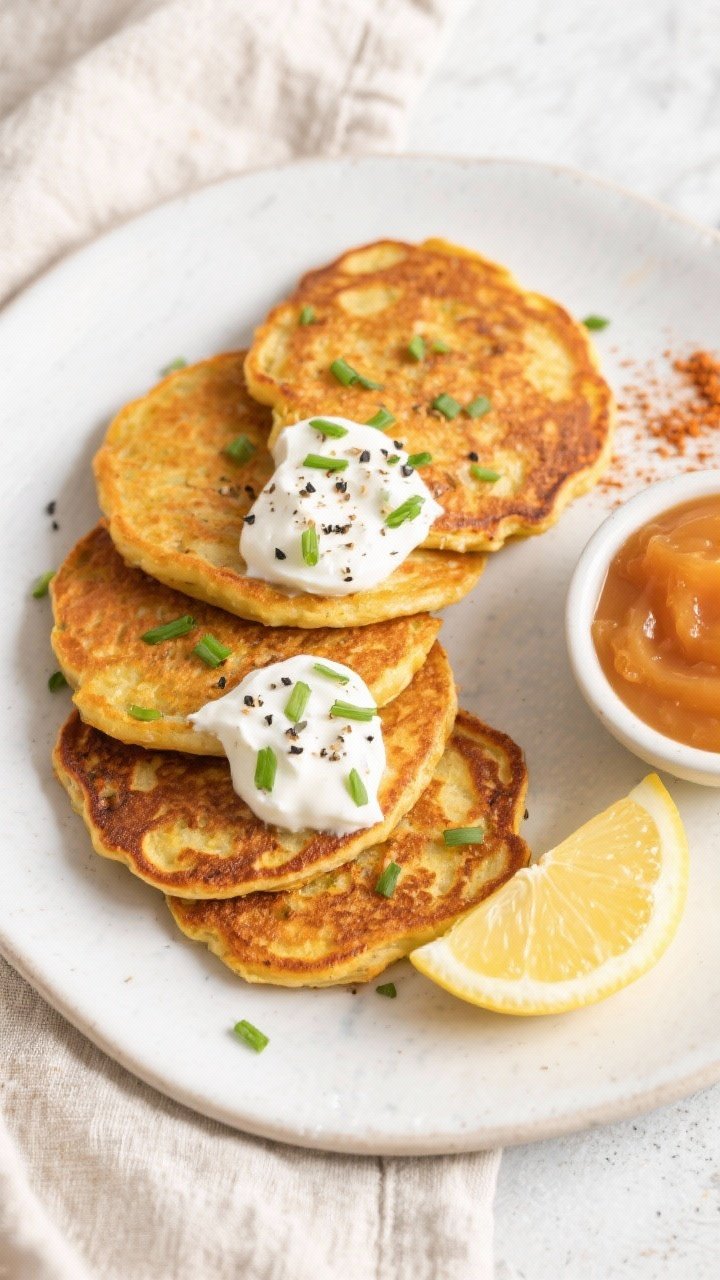 Final dish top view: Overhead shot of carrot-potato pancakes plated for serving—five pancakes arra