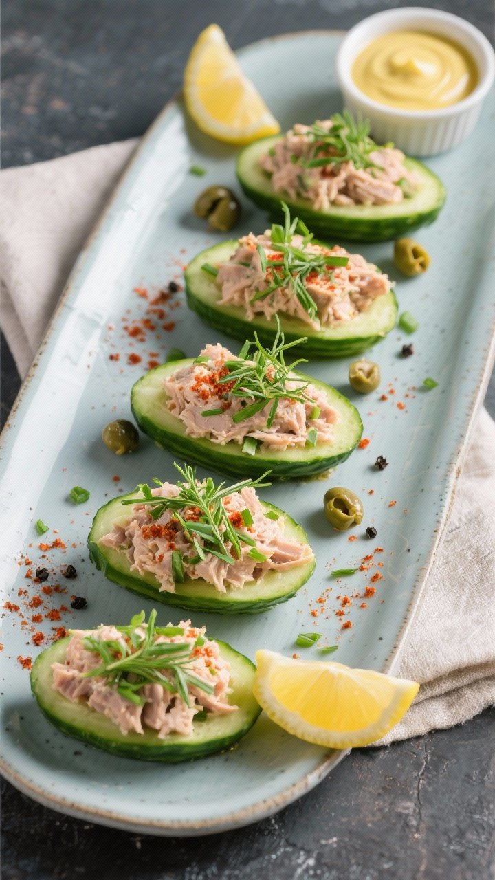 Final dish top view: Restaurant-quality platter of fully assembled tuna salad cucumber boats arrange