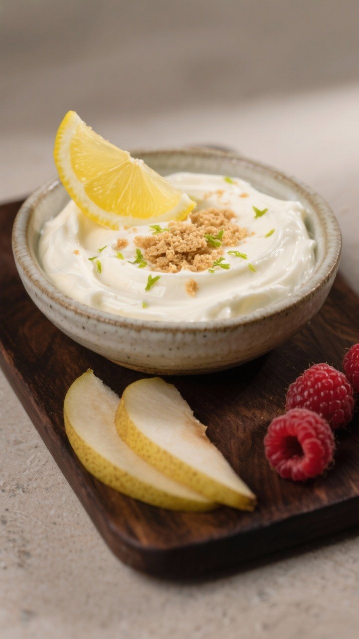 Final dish variation: A refined presentation of Lemon Cheesecake Greek Yogurt Dip—silky, thick dip