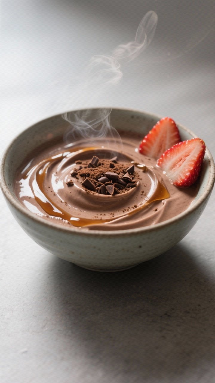 Final dish with variation: Mocha Pudding Smoothie presentation, styled as a dessert bowl—thick, sp
