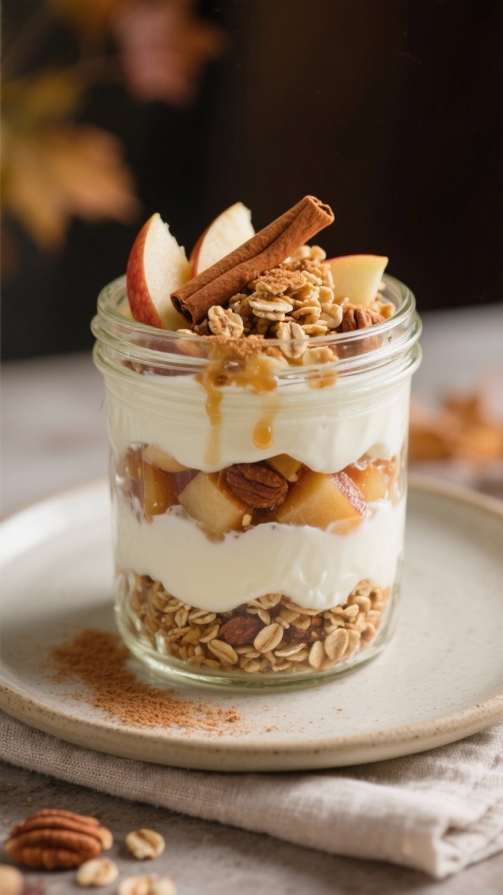 Final layered parfait beauty shot: Apple Pie Yogurt Parfait assembled in a clear glass jar, distinct