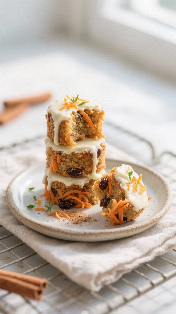 Final plated beauty: A small ceramic plate with 3–4 Barley Carrot Cake Bites stacked and slightly