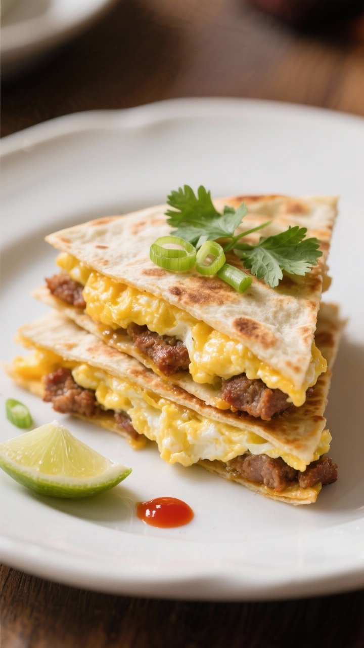 Final plated beauty: Close-up hero shot of a stacked wedge of breakfast quesadilla leaning against a