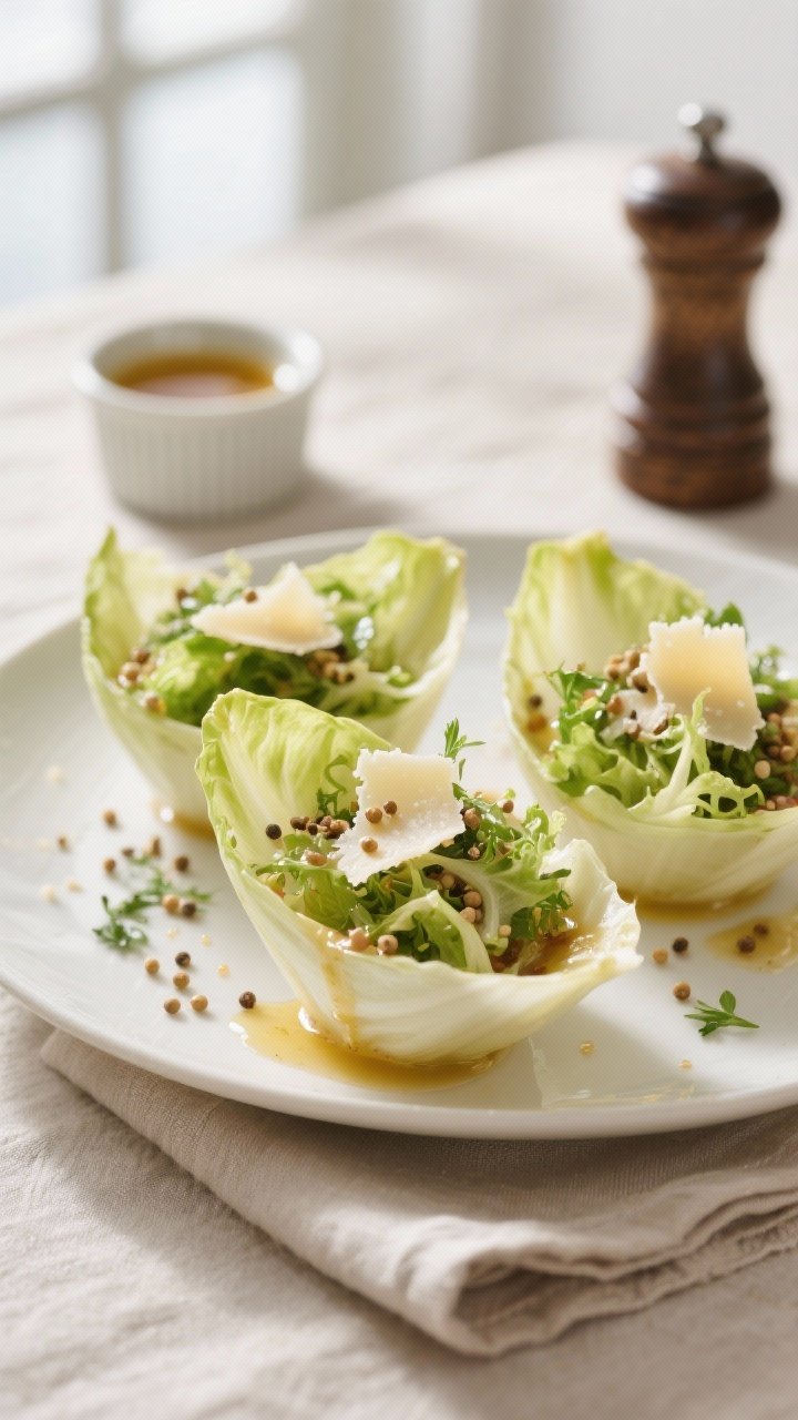 Final plated beauty: Close-up of a trio of endive leaf cups filled with dressed frisée, flecks of w