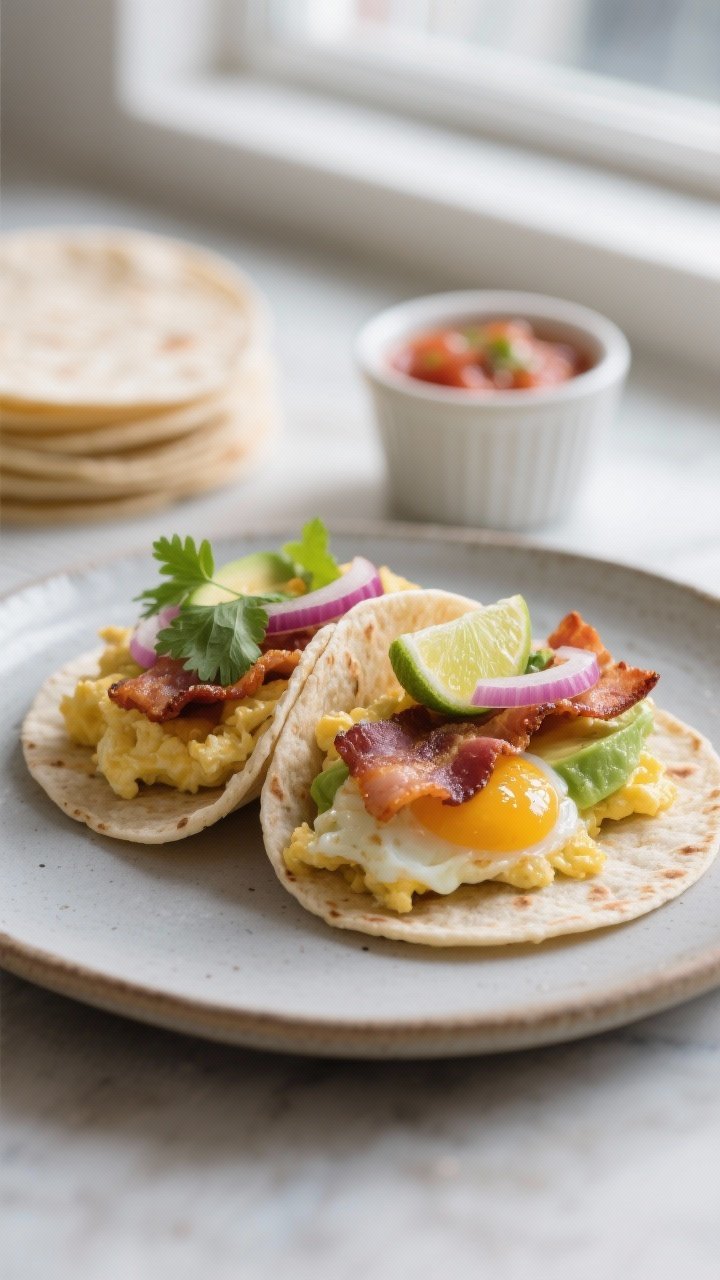 Final plated beauty shot: Classic egg and bacon breakfast tacos assembled on small flour tortillas, 