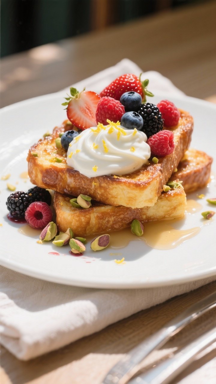 Final plated beauty shot: Custardy French toast stacked on a matte white plate, topped with a genero