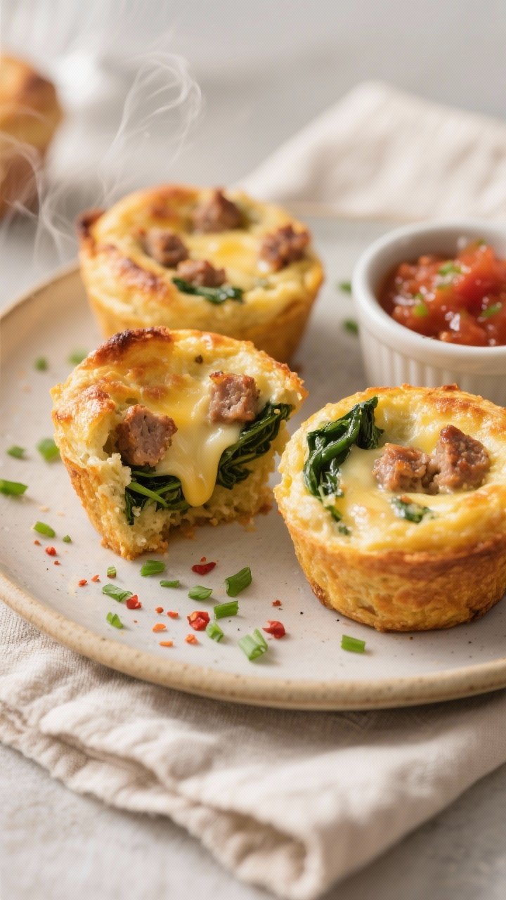 Final plated, beauty shot: Golden, set turkey sausage breakfast muffins fresh from the oven, a few h