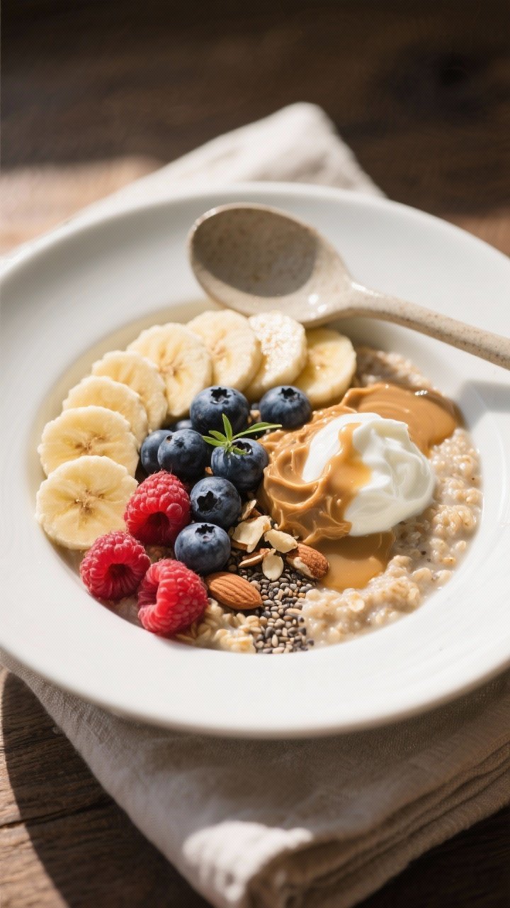 Final plated bowl, restaurant-quality: A warm, creamy bowl of Berry Protein oatmeal in a wide white 