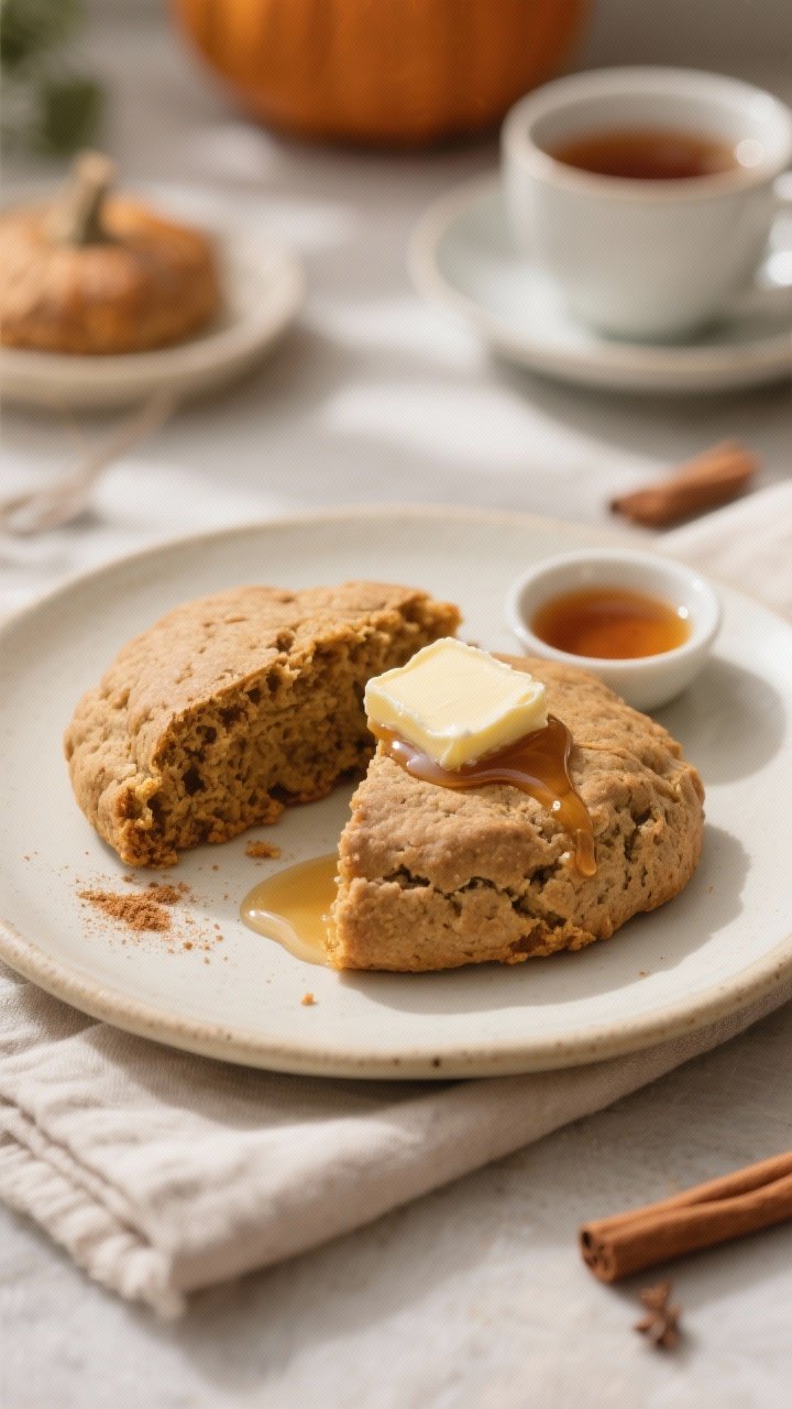 Final plated breakfast presentation of a split whole-wheat pumpkin scone with a pat of melting butte