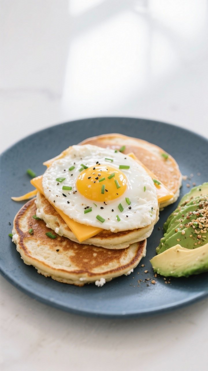 Final plated brunch presentation: Savory variation of the cottage cheese protein pancakes on a slate