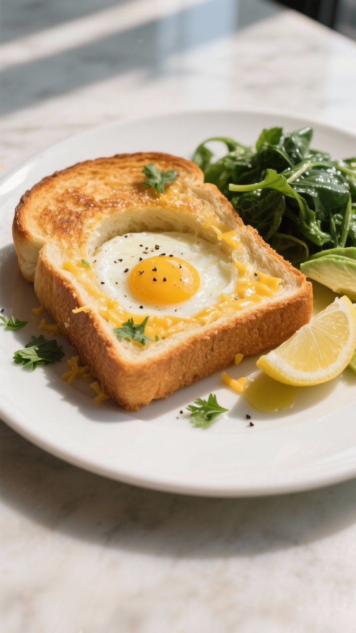 Final plated egg-in-a-hole with garnish