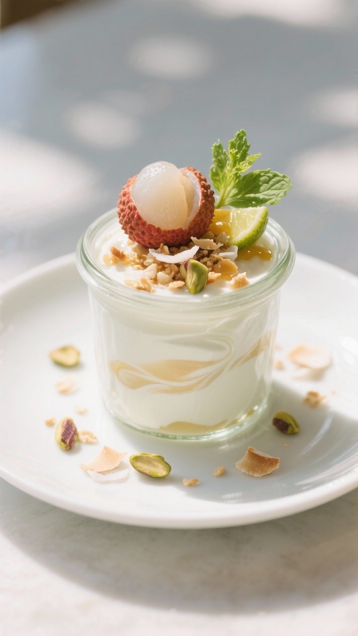Final plated dessert beauty shot: Lychee Coconut Yogurt Cup assembled in a clear glass jar, silky co