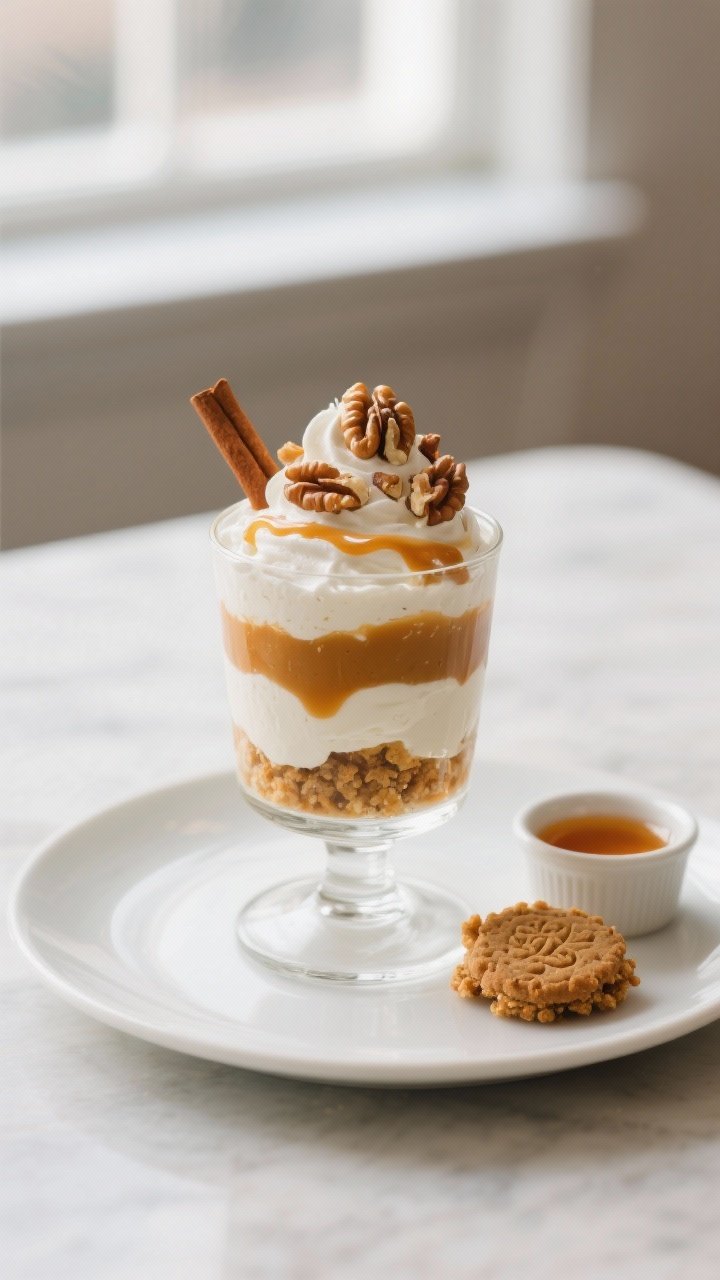 Final plated dessert presentation: A single, beautifully plated Pumpkin Pie Yogurt Parfait in a clea