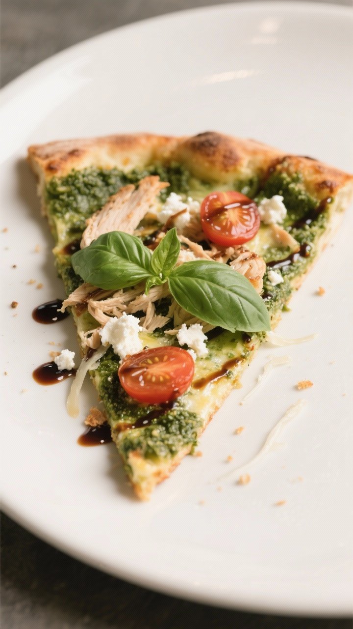 Final plated detail: Close-up of a sliced wedge of Green Monster Pizza on a matte white plate, showi
