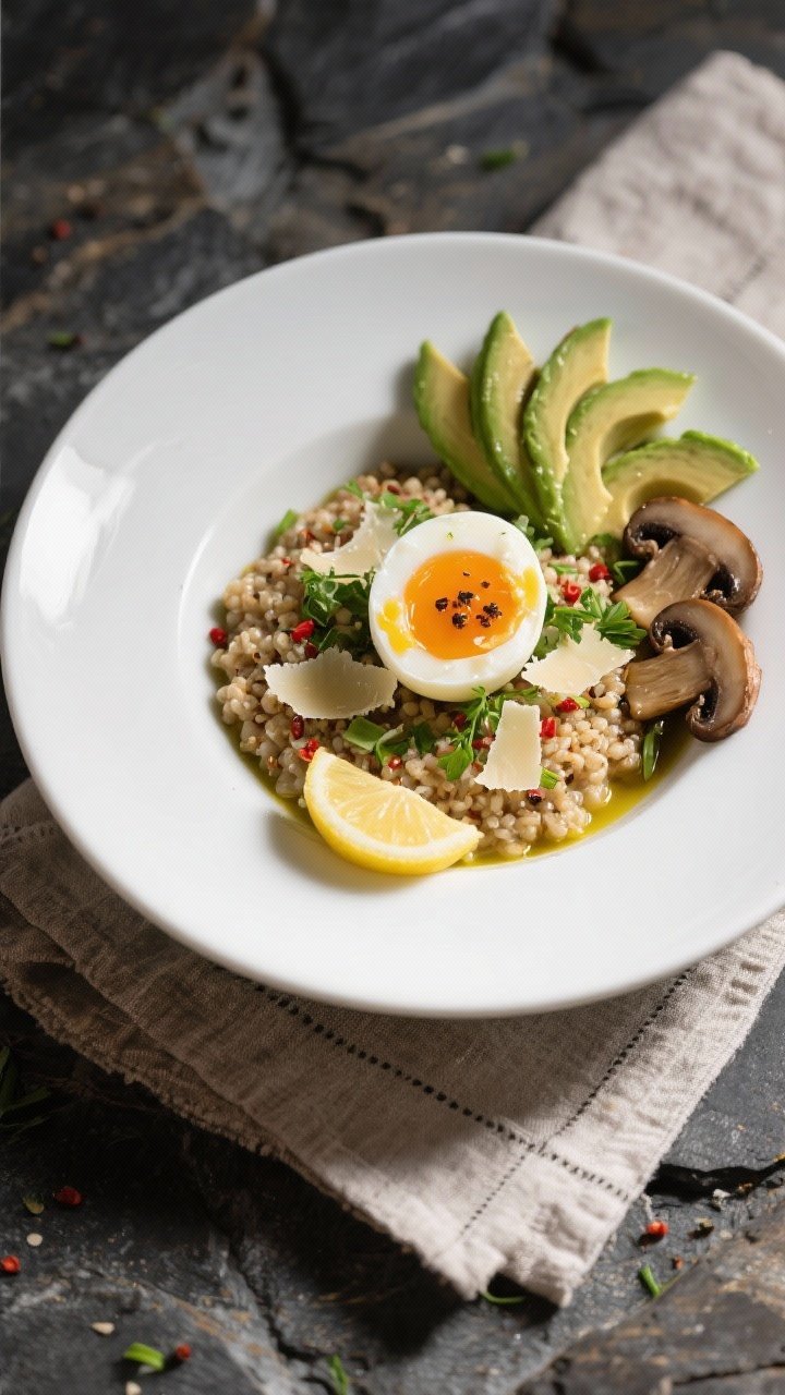 Final plated dish, : An elegant, shallow white bowl of savory quinoa breakfast porridge topped with 