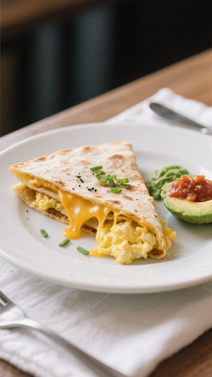Final plated dish beauty: A single quesadilla wedge stacked on a white ceramic plate, cheese pull ca
