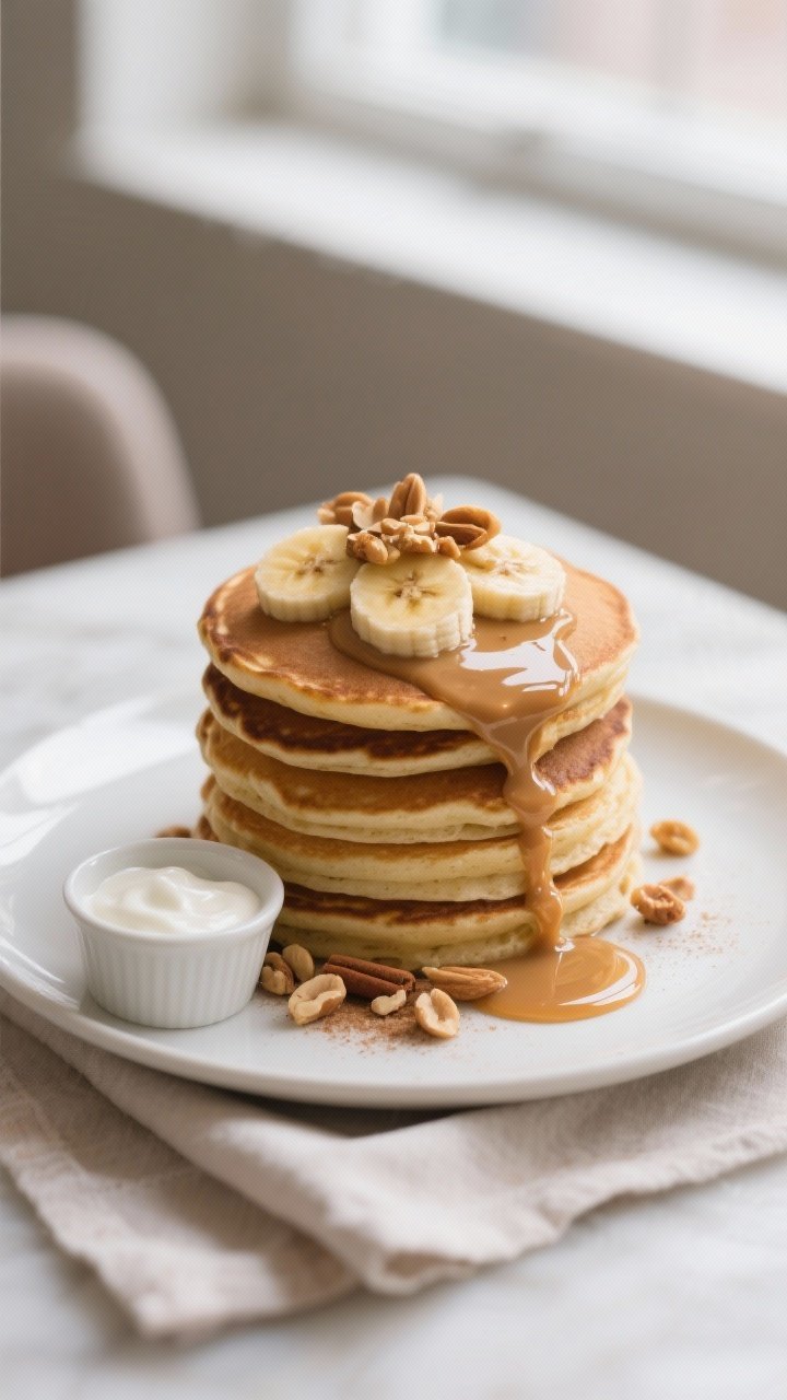 Final plated dish, beauty shot: A tall stack of fluffy peanut butter banana protein pancakes on a ma