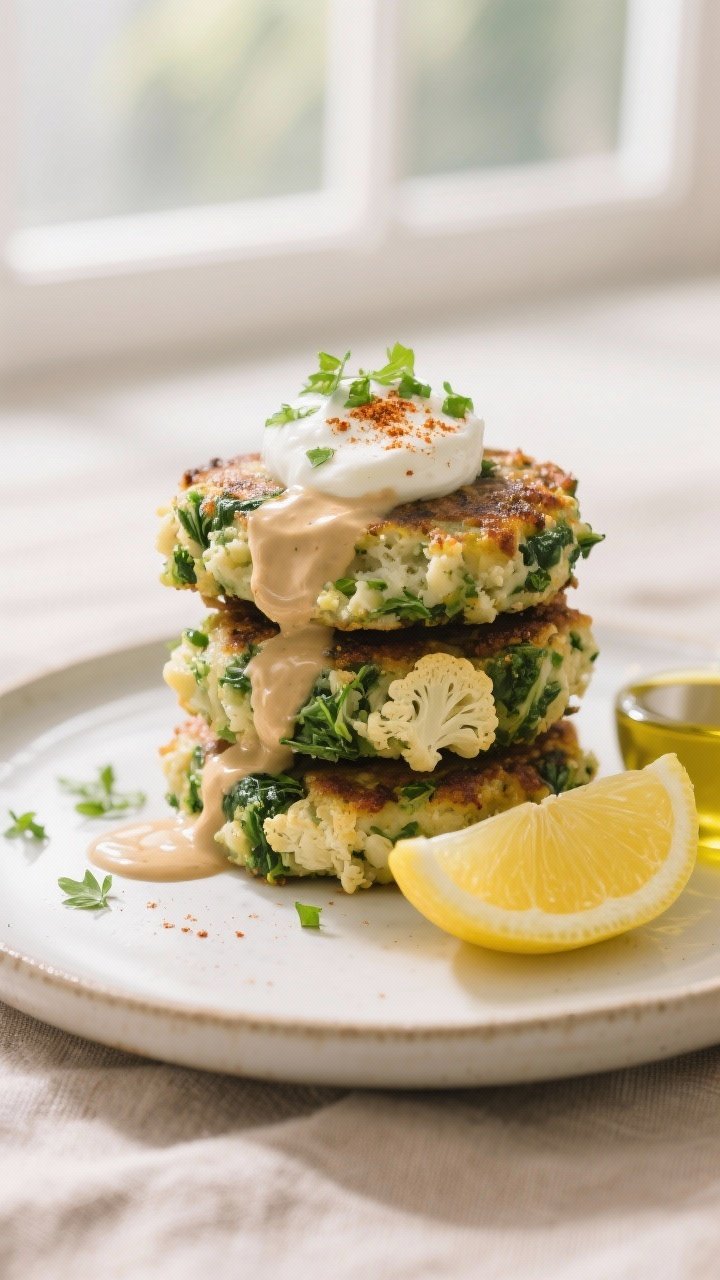 Final plated dish beauty shot: Three cauliflower & spinach patties stacked on a matte white plate wi
