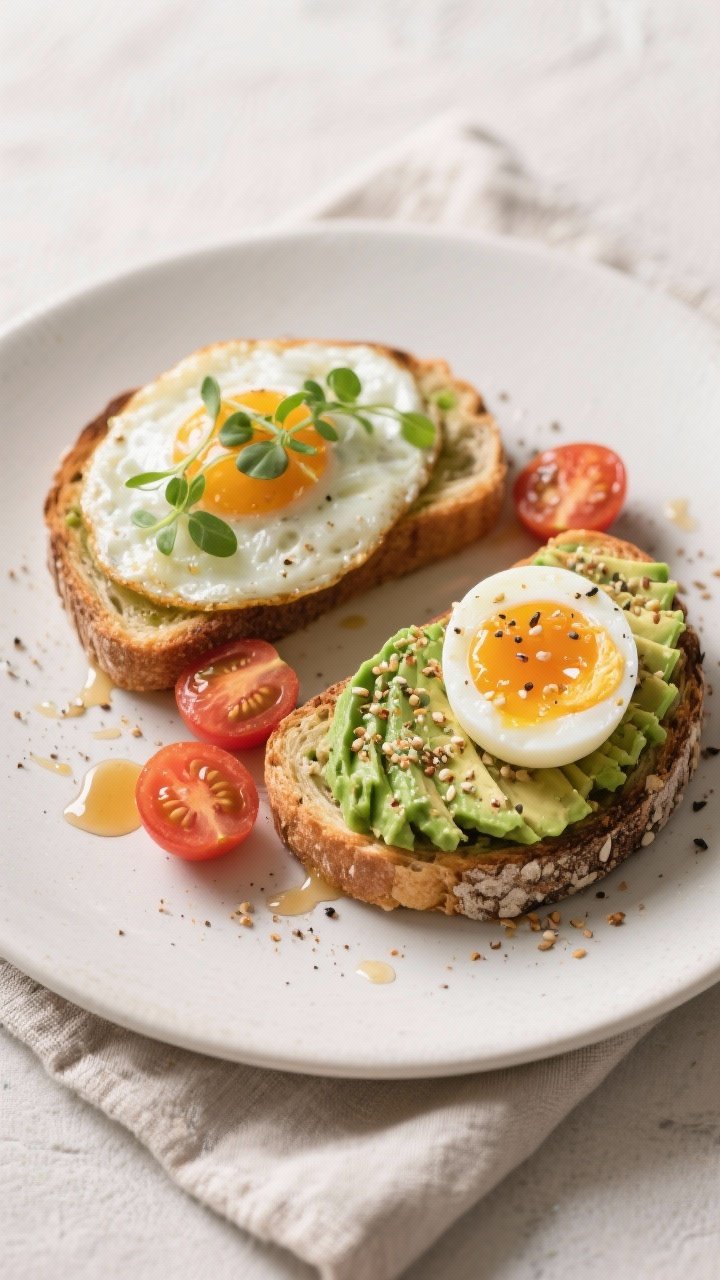 Final plated dish: Café-style presentation of egg and avocado toast on a matte white plate—two sl
