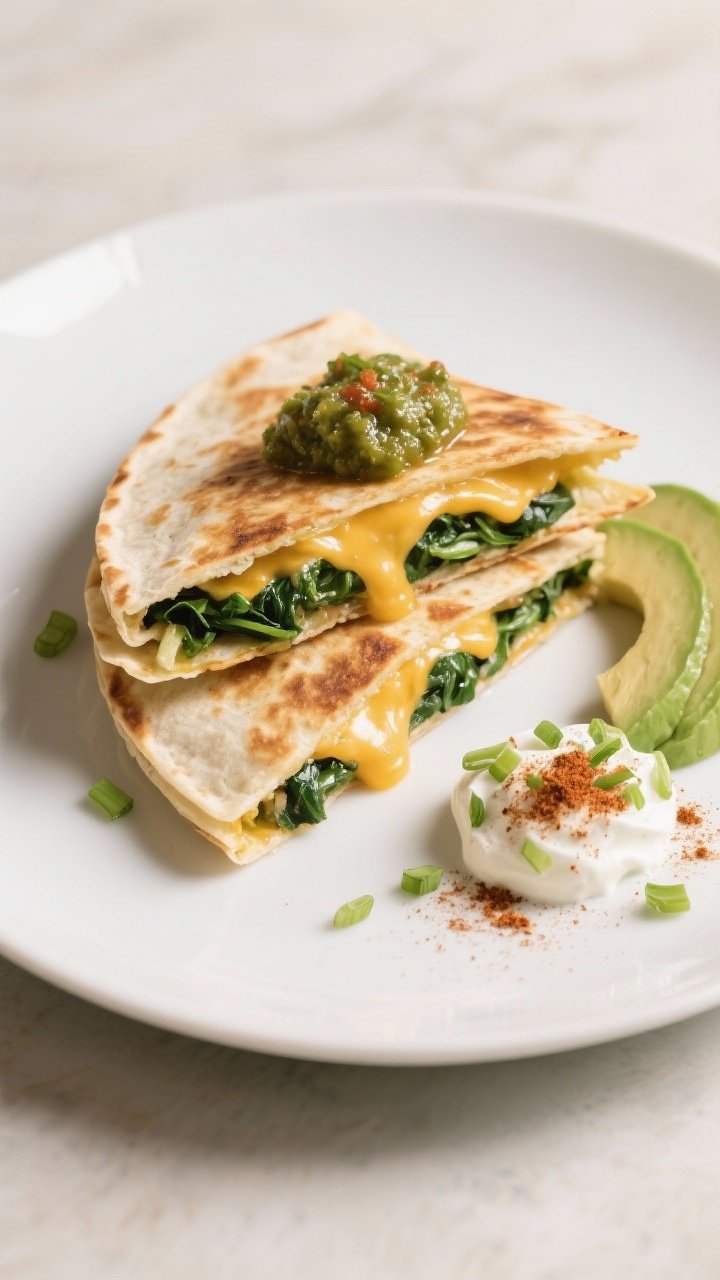 Final plated dish, restaurant-quality: Beautifully plated breakfast quesadilla on a matte white plat