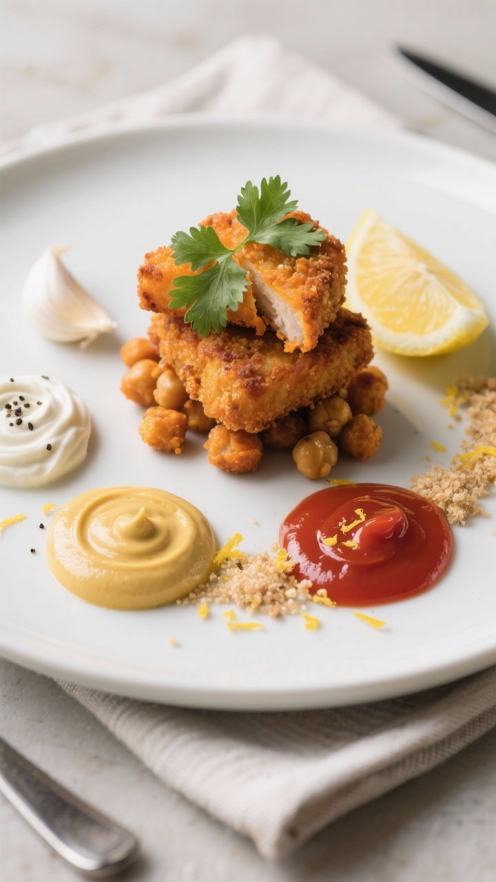 Final plated dish: Restaurant-quality presentation of sweet potato & chickpea nuggets stacked on a m