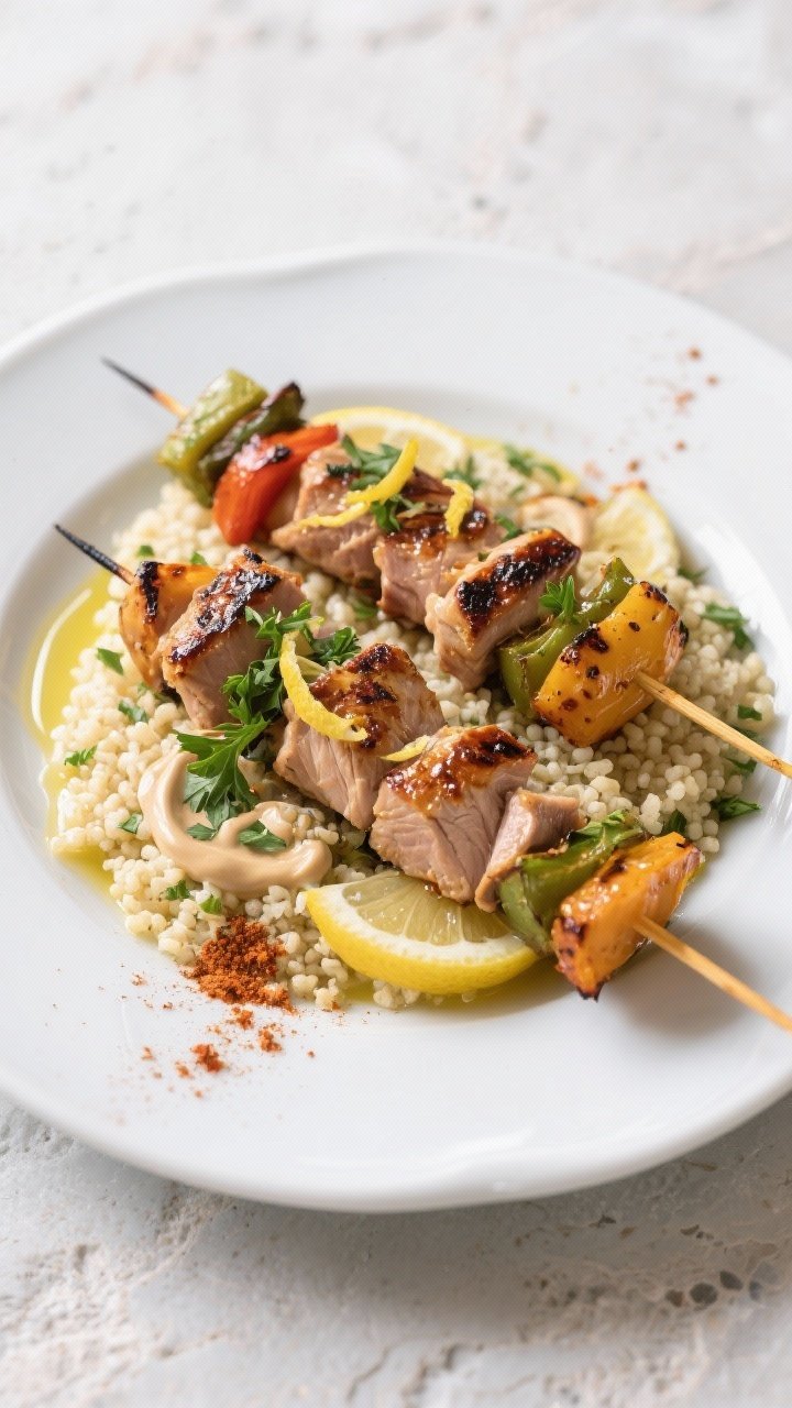 Final plated dish: Restaurant-quality presentation of two Turkey & Veggie Skewers plated over fluffy