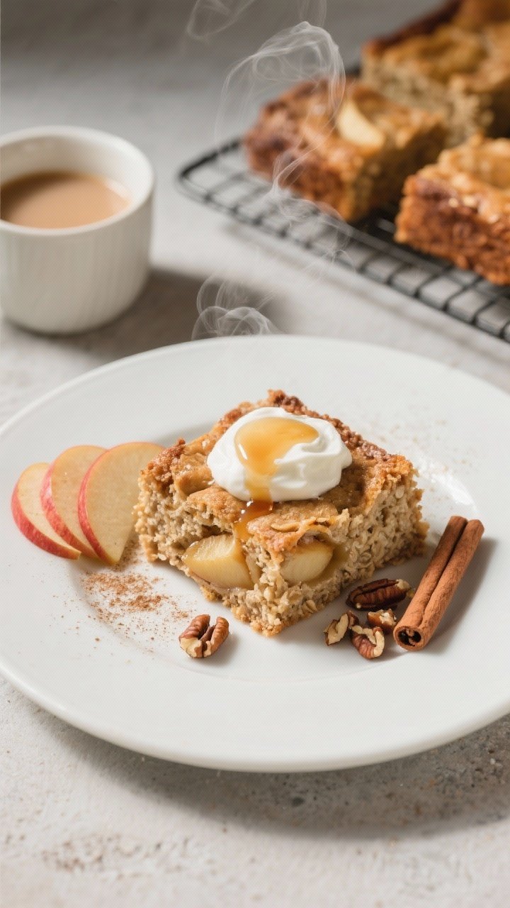 Final plated dish: Restaurant-quality presentation of a sliced square of cinnamon apple oatmeal bake
