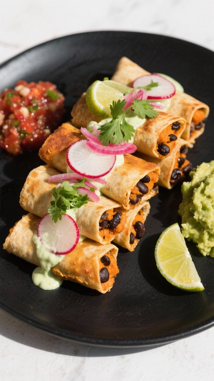Final plated dish: Restaurant-quality presentation of Sweet Potato & Black Bean Taquitos stacked on 