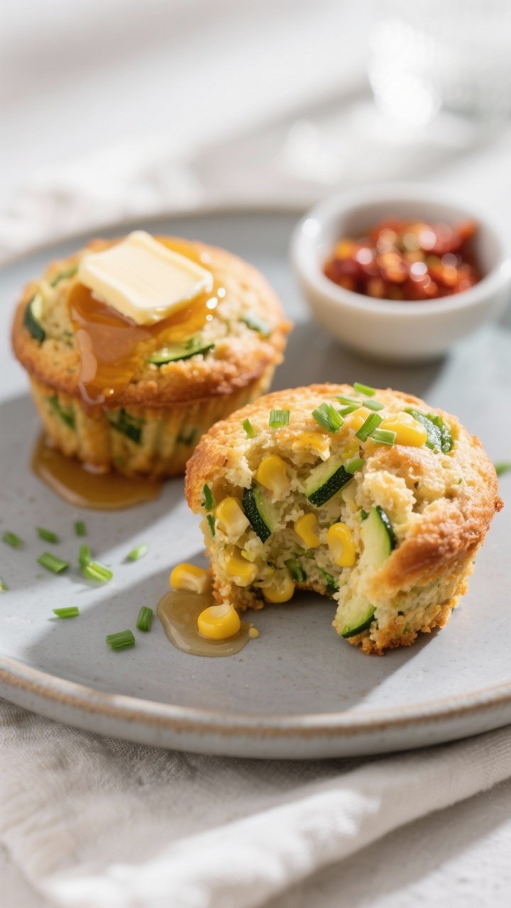 Final plated dish: Restaurant-quality presentation of two warm zucchini & corn muffins on a matte ce