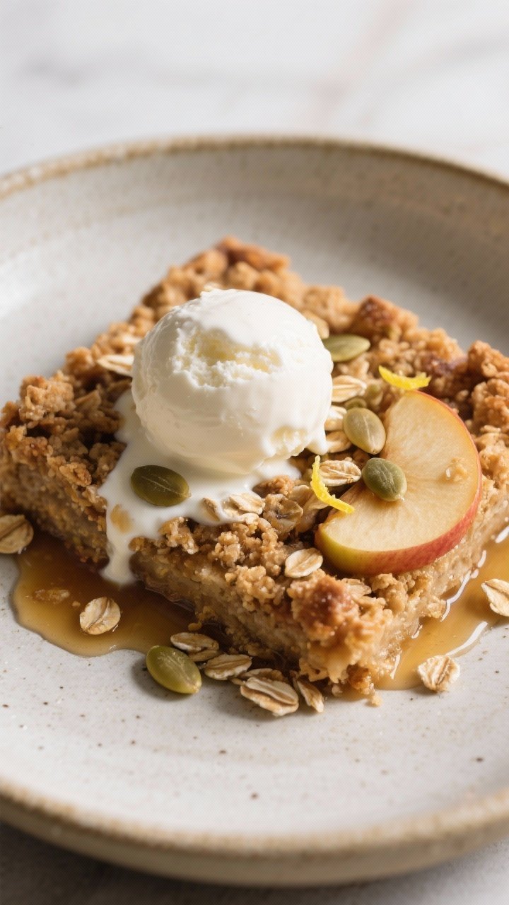 Final plated dish: Restaurant-quality presentation of a warm square of Seed Butter Apple Crisp serve