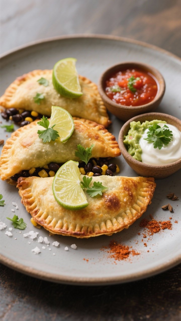 Final plated dish: Restaurant-quality presentation of baked Black Bean & Corn Empanadas on a matte c