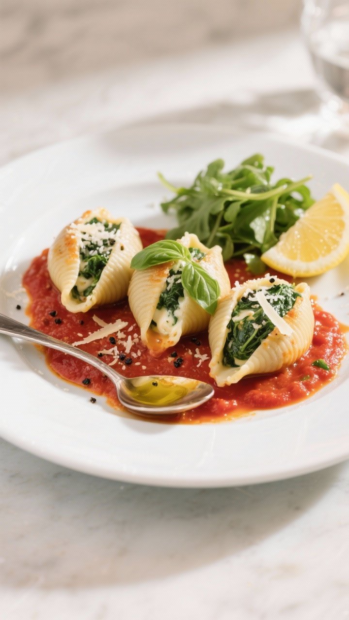 Final plated dish: Restaurant-quality presentation of three spinach & cheese stuffed shells on a wid