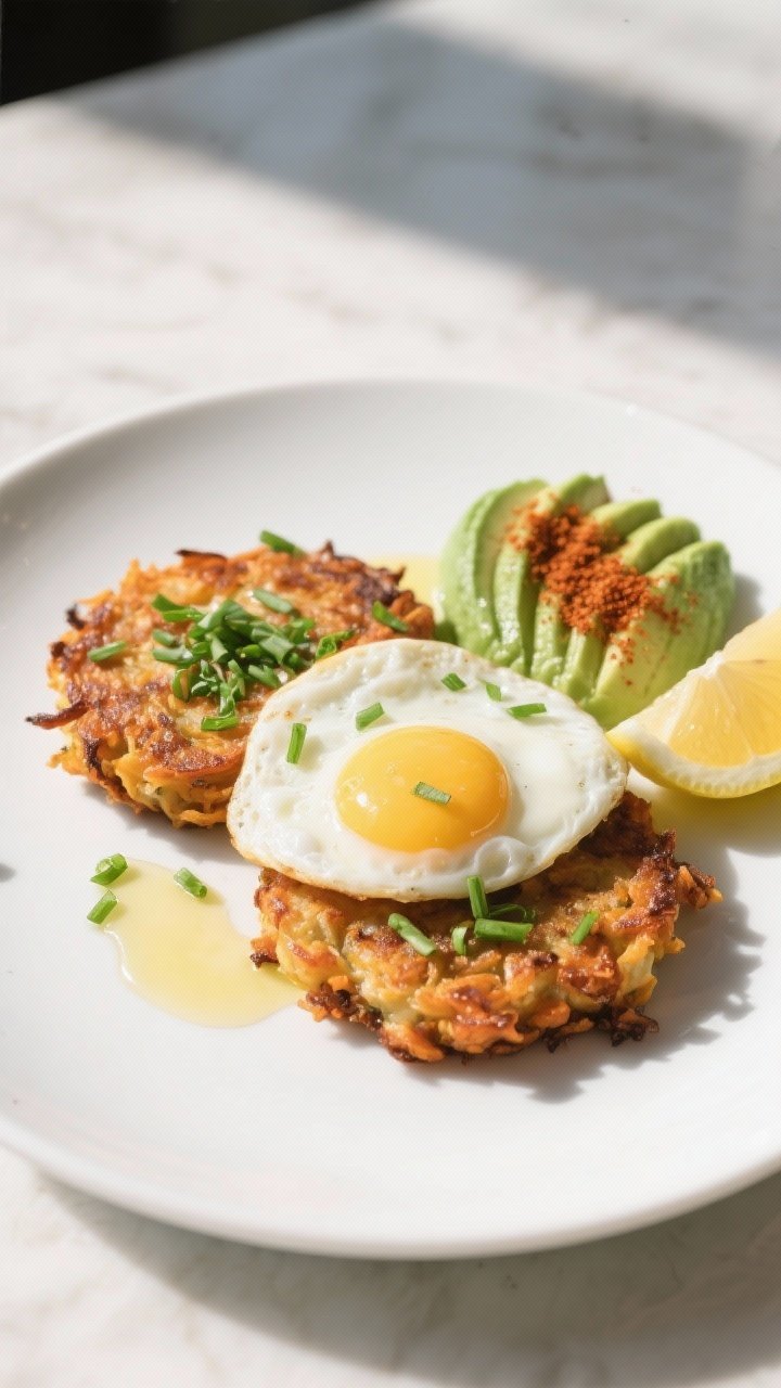 Final plated dish: Restaurant-quality presentation of two sweet potato hash brown patties on a matte
